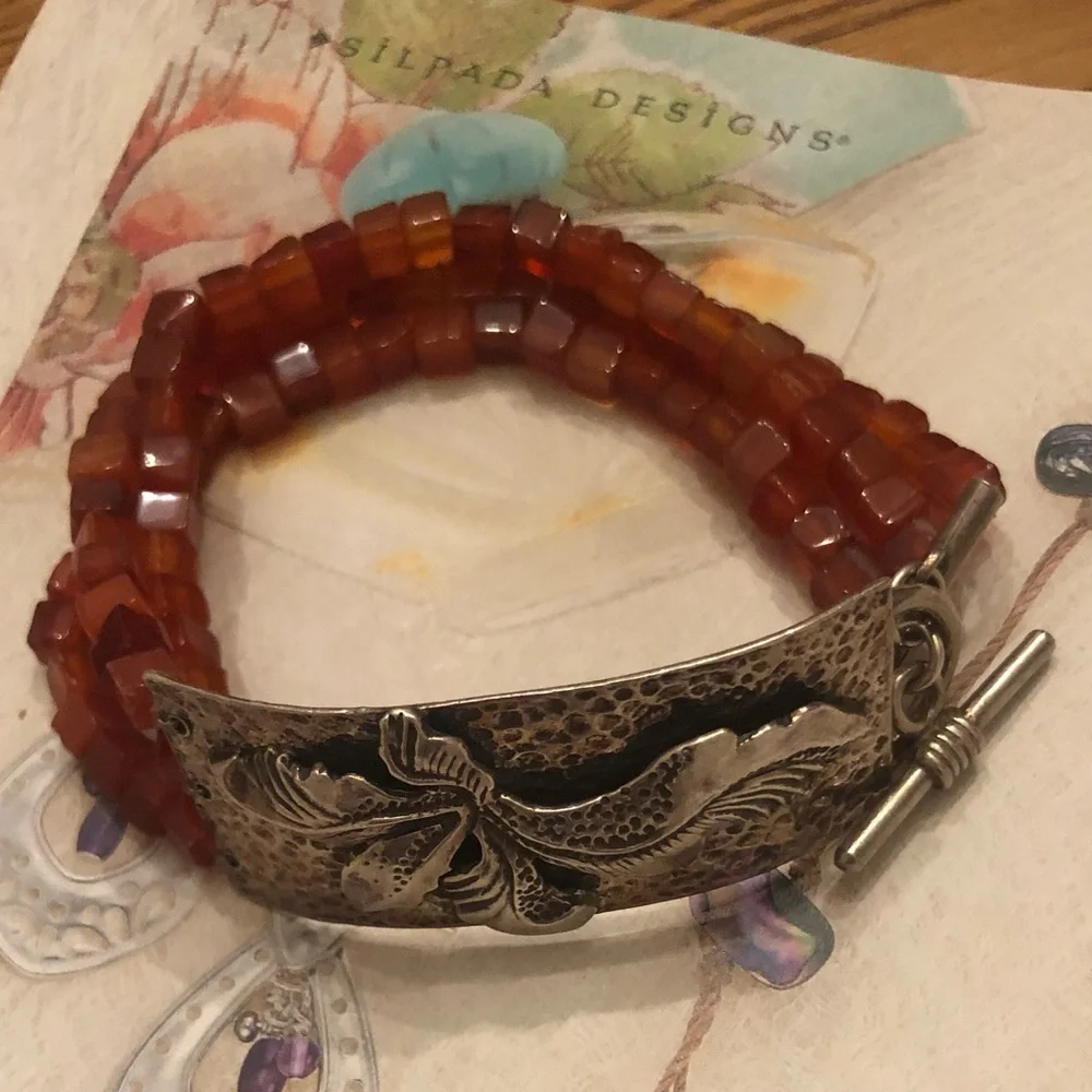 Rare Silpada Triple Strand Carnelian Sterling Silver Toggle Clasp Bracelet N0880 - Picture 1 of 16